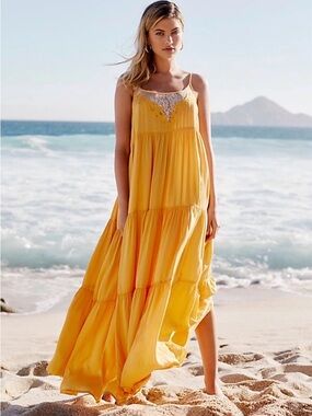 Free People Yellow Lace Trim Tiered Maxi Dress S/P EUC Boho
